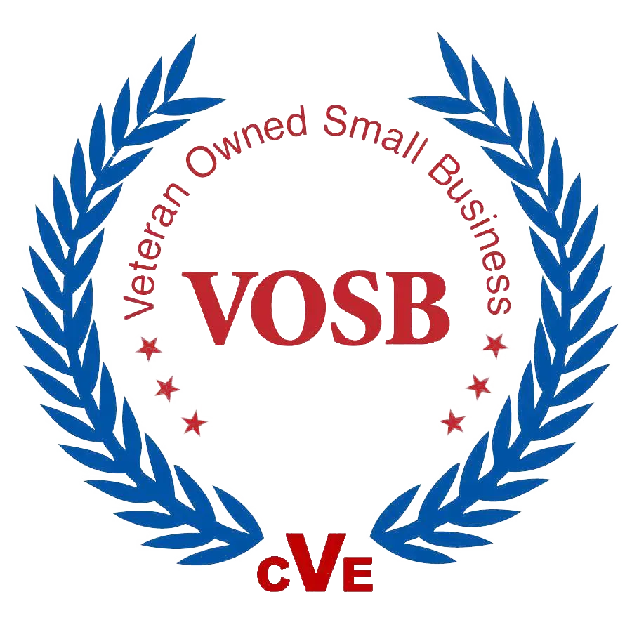 Veteran Owned Small Business seal with blue laurel wreath, red text VOSB and cVe.