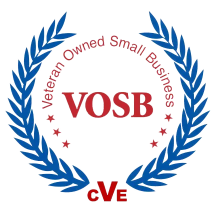 Veteran Owned Small Business seal with blue laurel wreath, red text VOSB and cVe.