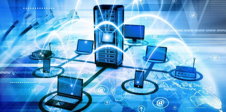 Network of computers and devices, with a server in the center. Blue abstract lines representing data flow.