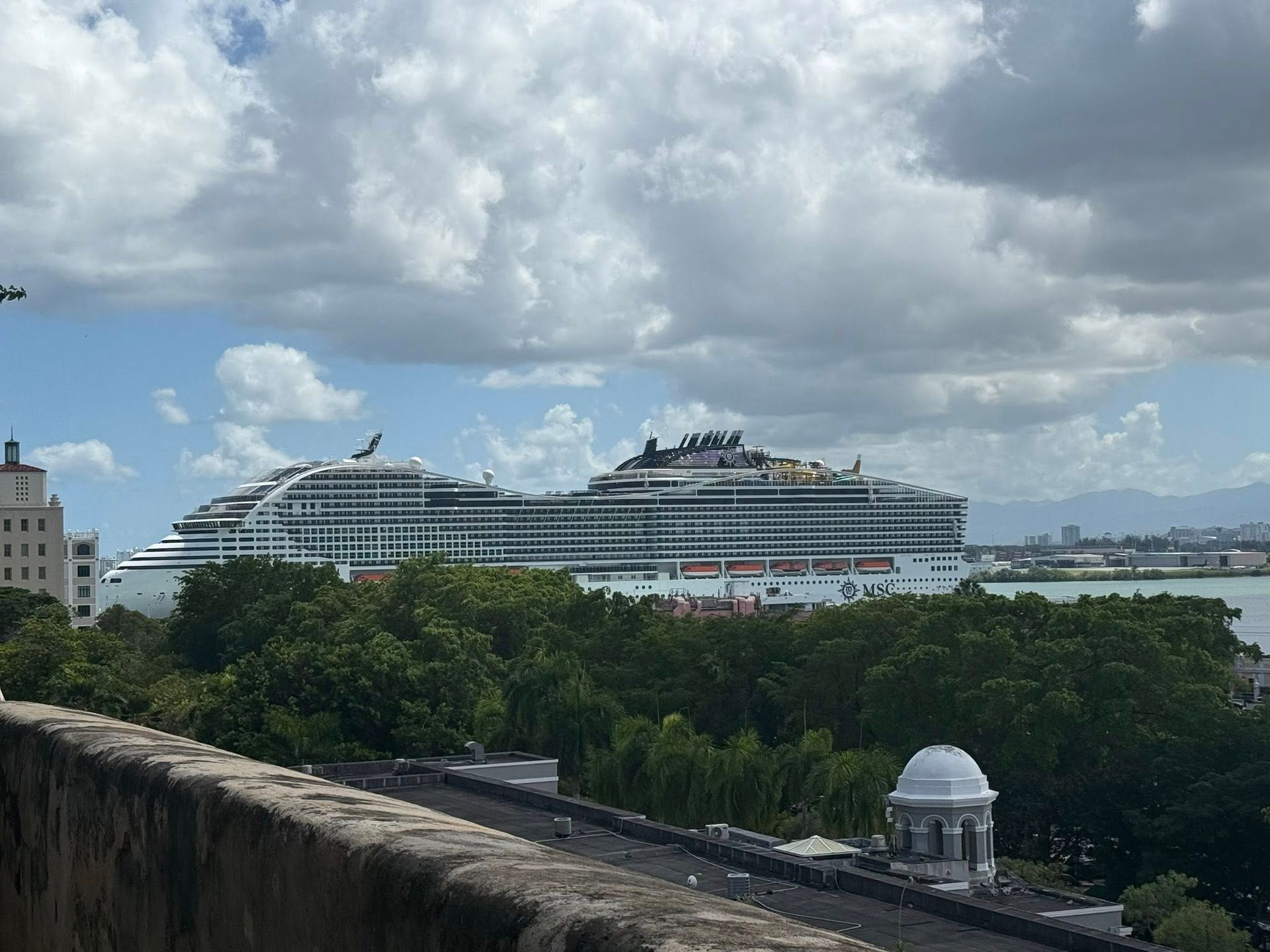 Large cruise ship docked in port, under a cloudy sky, seen from a high vantage point