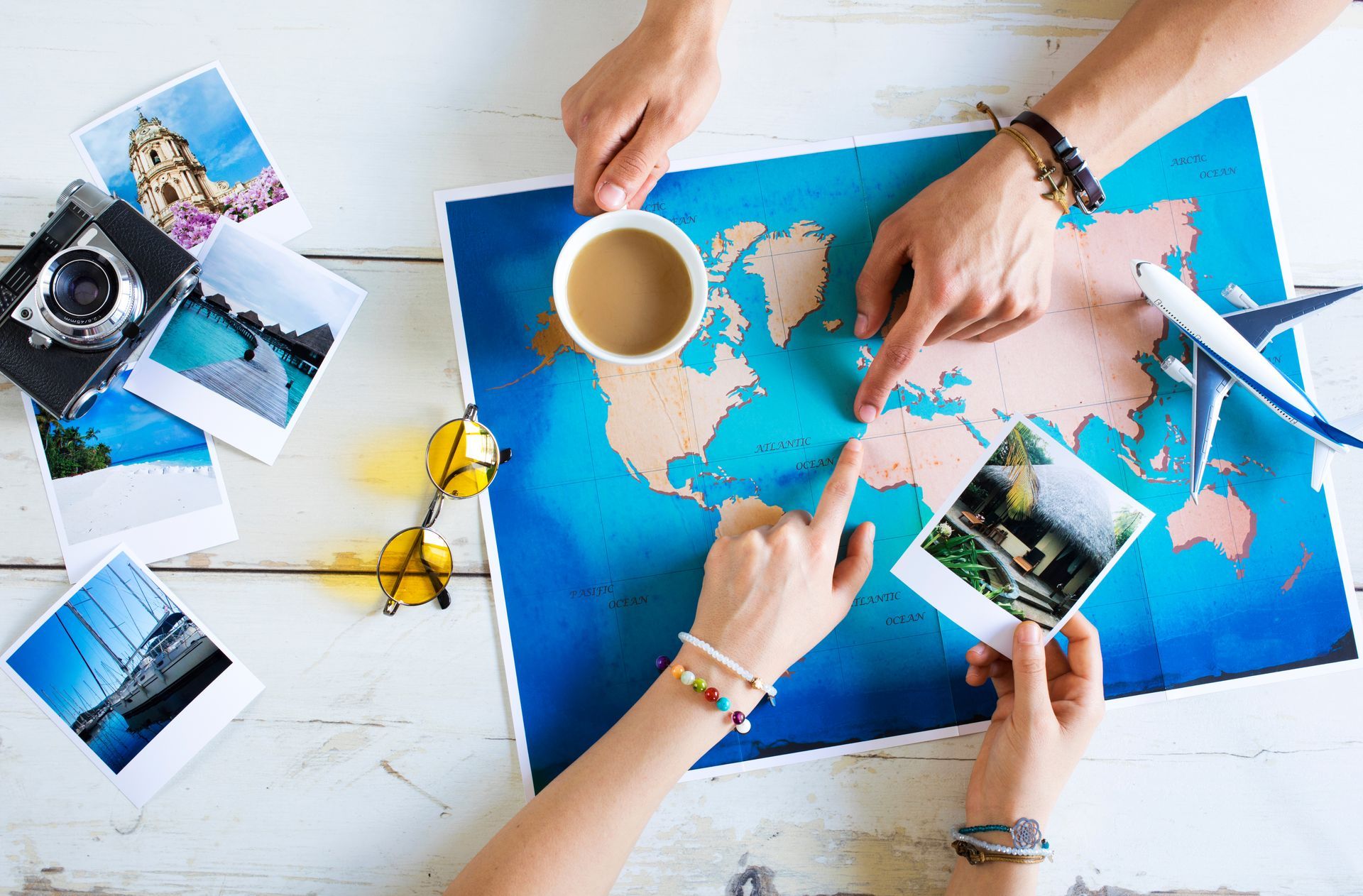 Travel planning scene with two people representing a travel agency consultation.