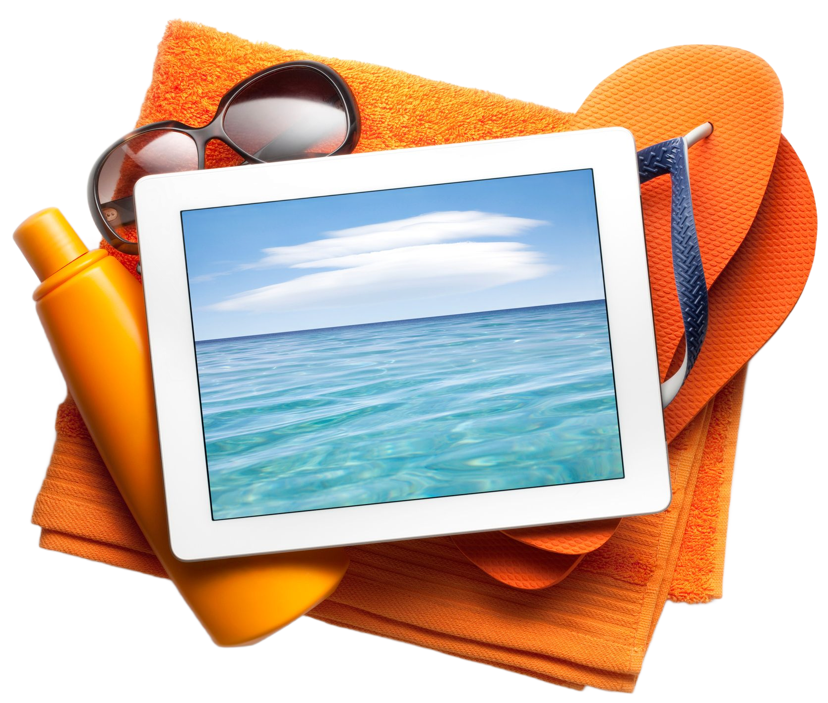 Beach essentials: tablet showing ocean, sunglasses, orange towel, sunscreen, flip-flops.
