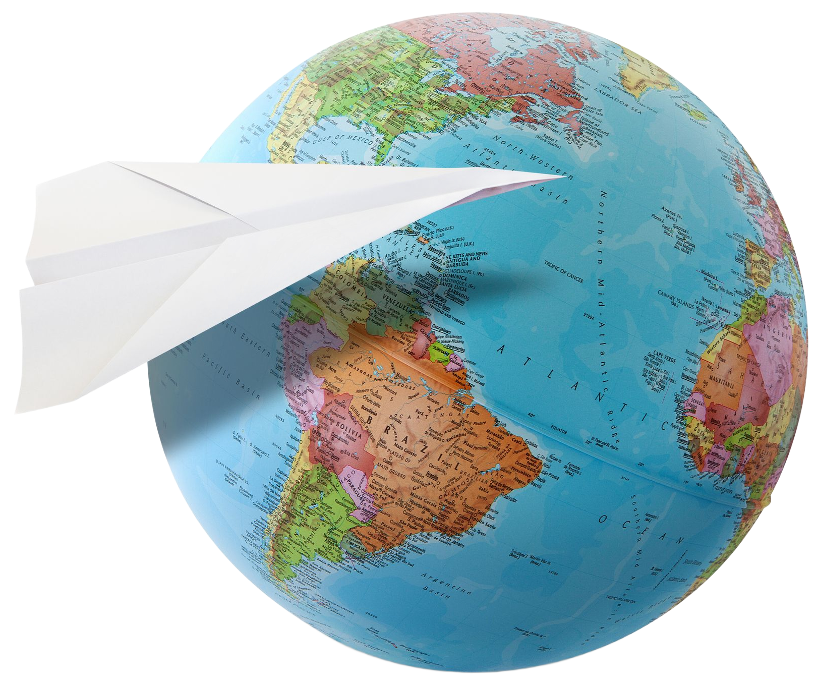 Paper airplane flying through the globe, symbolizing travel or global communication.