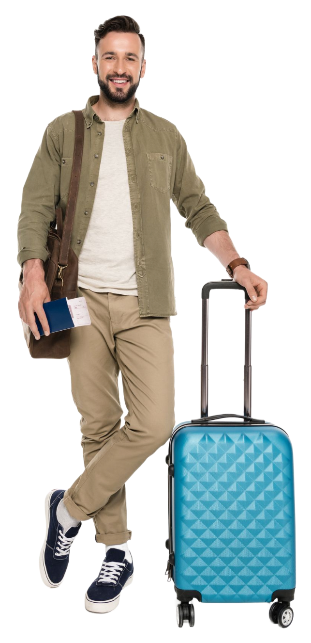 Man in casual clothes with a suitcase and travel documents, smiling.
