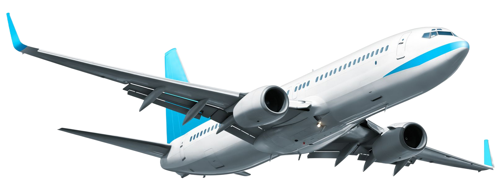 Airplane, white with blue accents, in flight.