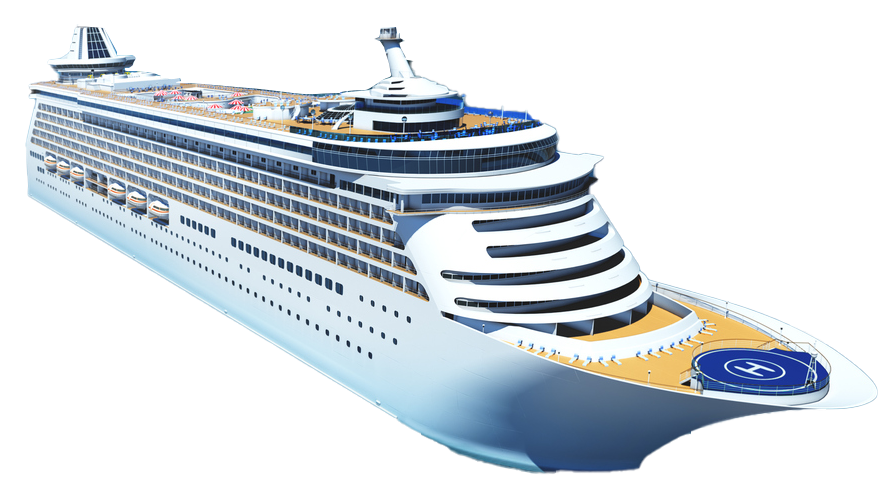 Large cruise ship with multiple decks, featuring a helipad and a light blue exterior.
