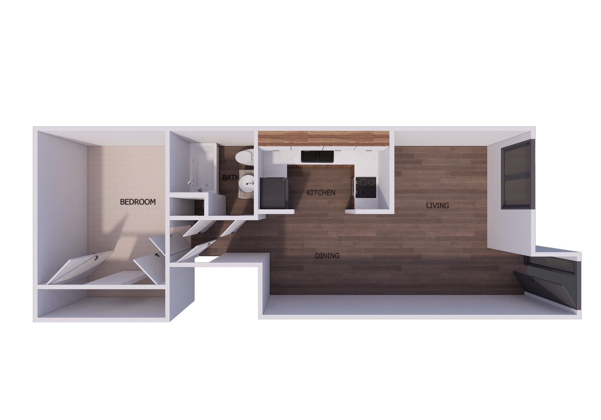 Floor plan of a small apartment: bedroom, bathroom, kitchen with dark wood floors and two windows.