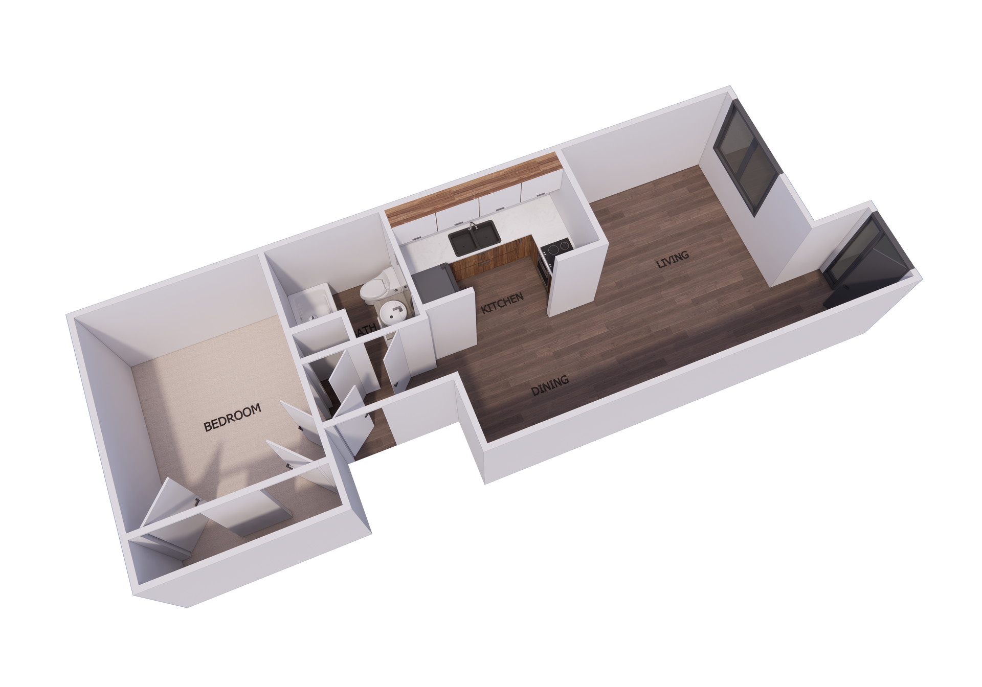 3D floor plan of a small apartment: lounge, kitchen, bathroom, and living area, with brown and white color scheme.