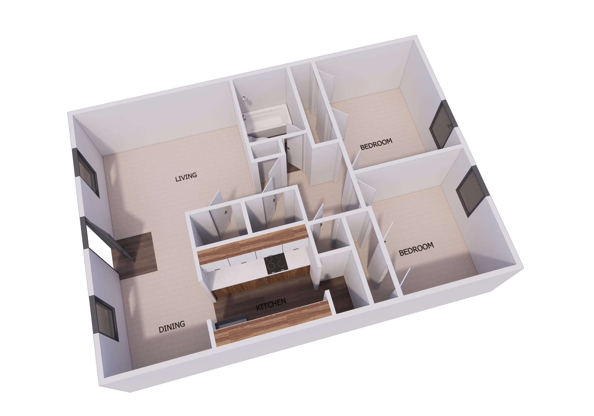 3D floor plan of an apartment with a kitchen, living area, two bedrooms, and a bathroom.