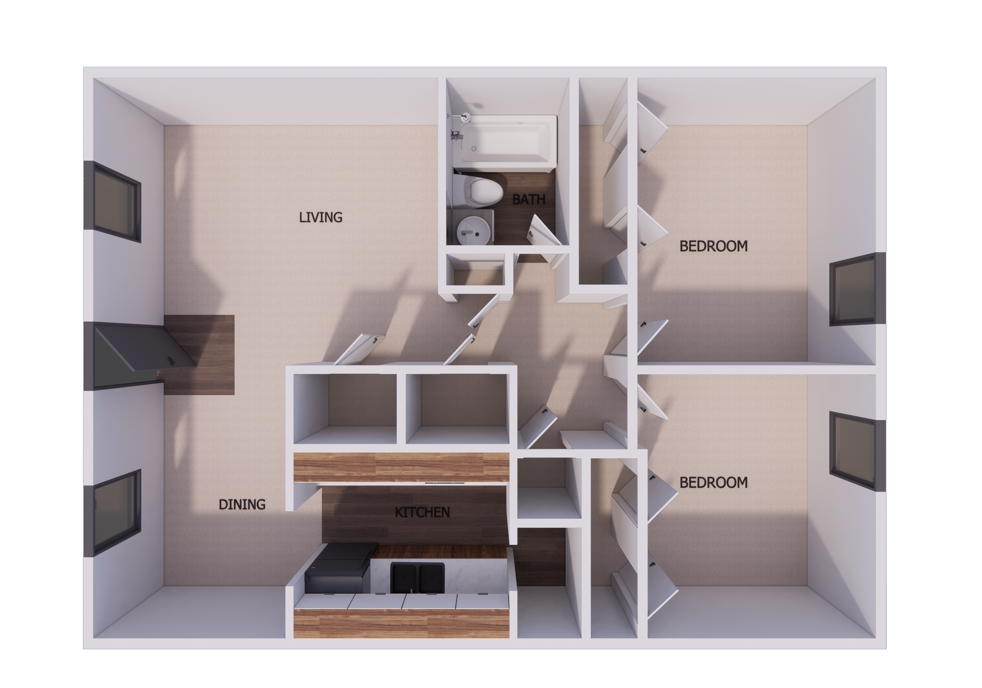 Floor plan: two bedrooms, kitchen, bathroom, and living area in a white building.