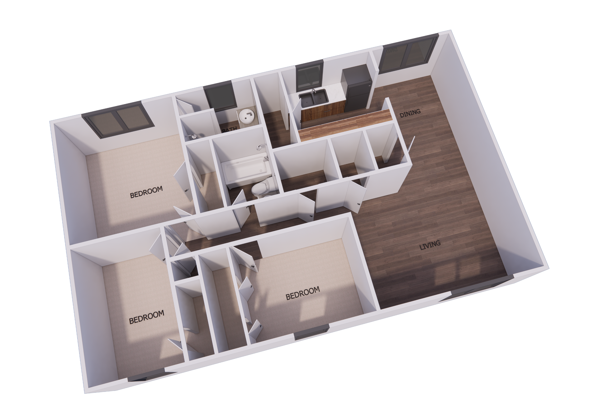 Floor plan rendering of a two-bedroom apartment. Brown wood floors in living areas, white walls, and dark window frames.