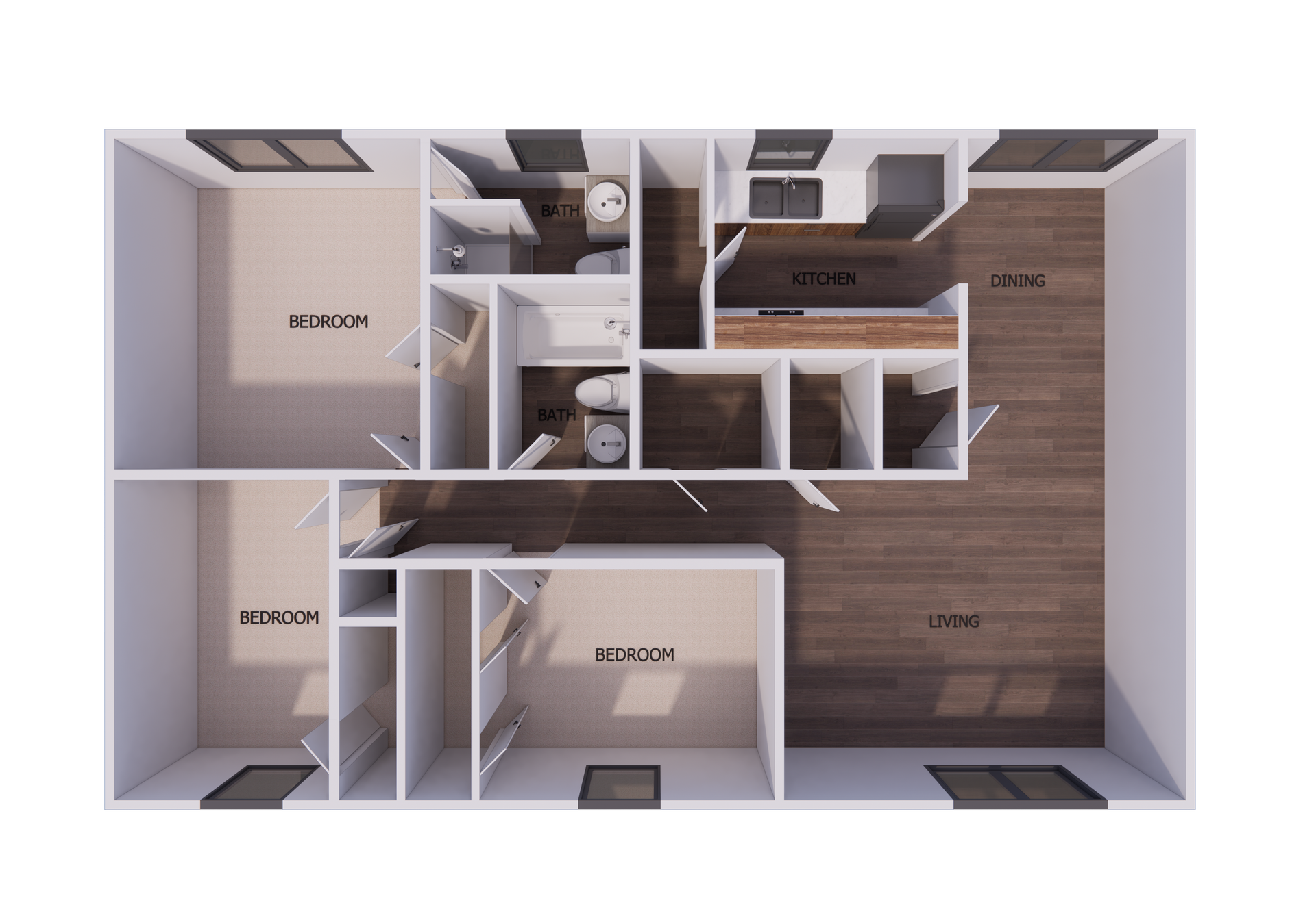 Floor plan of a two-bedroom apartment. Includes kitchen, dining, and living areas with a shared bathroom.