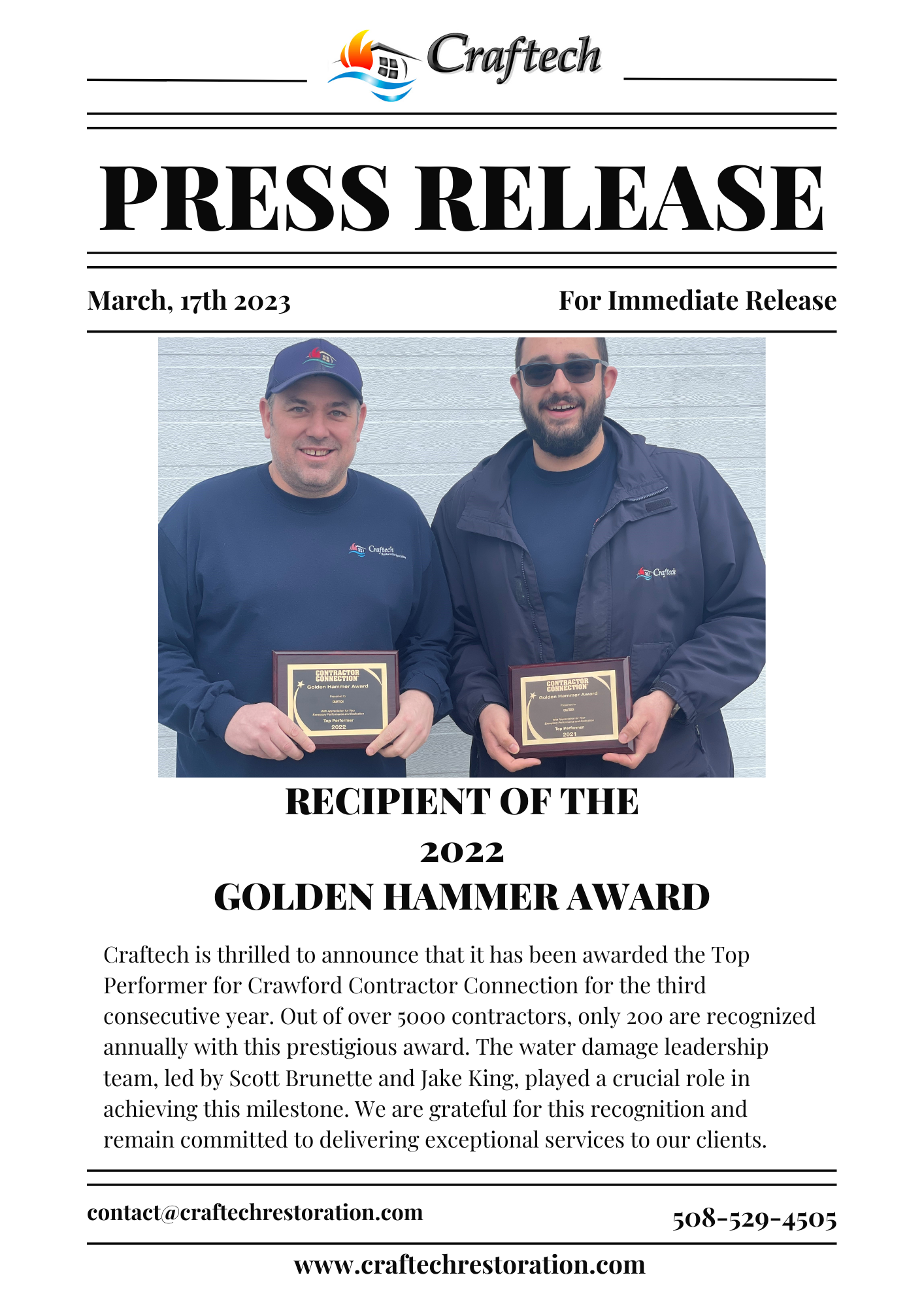 Press release for golden hammer award