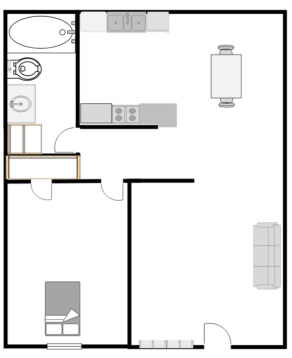 Floor plan of a small apartment. Includes a bathroom, kitchen, living area, and bedroom, furnished with basic items.