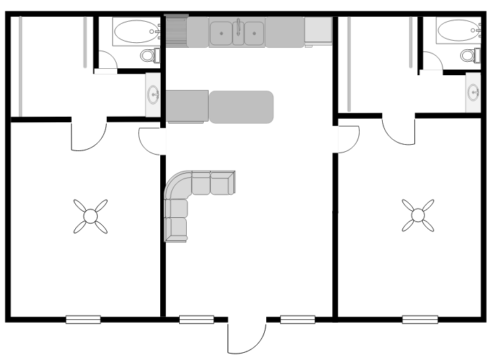 Floor plan of a house with two bedrooms, two bathrooms, a kitchen, and living area.