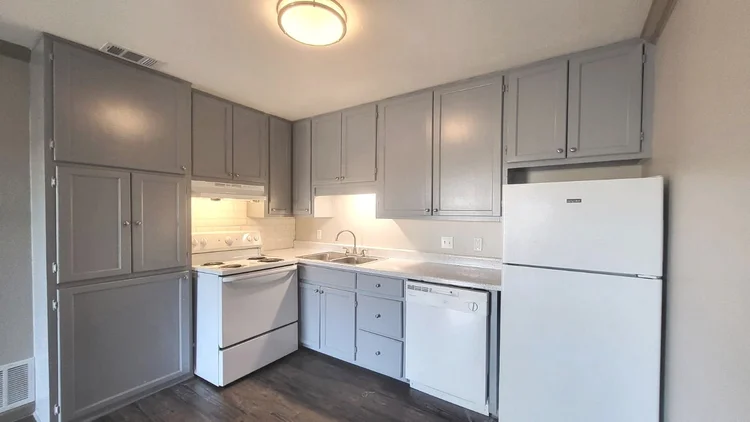 Small kitchen with gray cabinets, white appliances, and a dark wood floor.