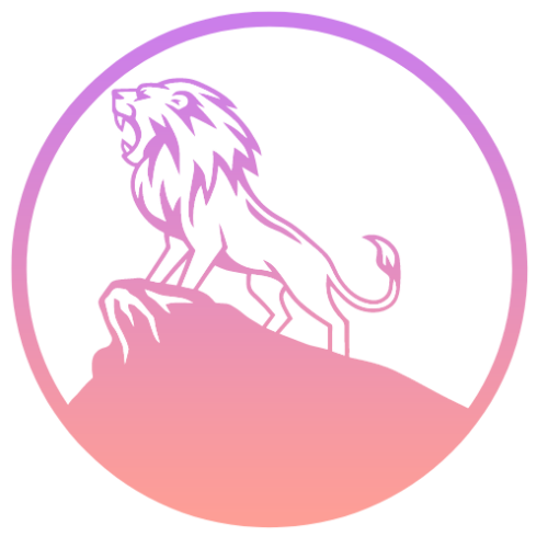 A stylized, roaring lion standing on a rock, set within a circle featuring a purple-to-pink gradient.