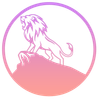A stylized, roaring lion standing on a rock, set within a circle featuring a purple-to-pink gradient.