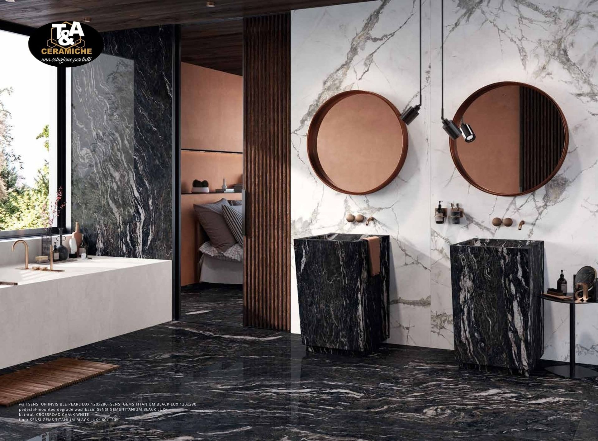 Lussuoso bagno con lavandini in marmo nero, grandi specchi e pareti in marmo bianco.