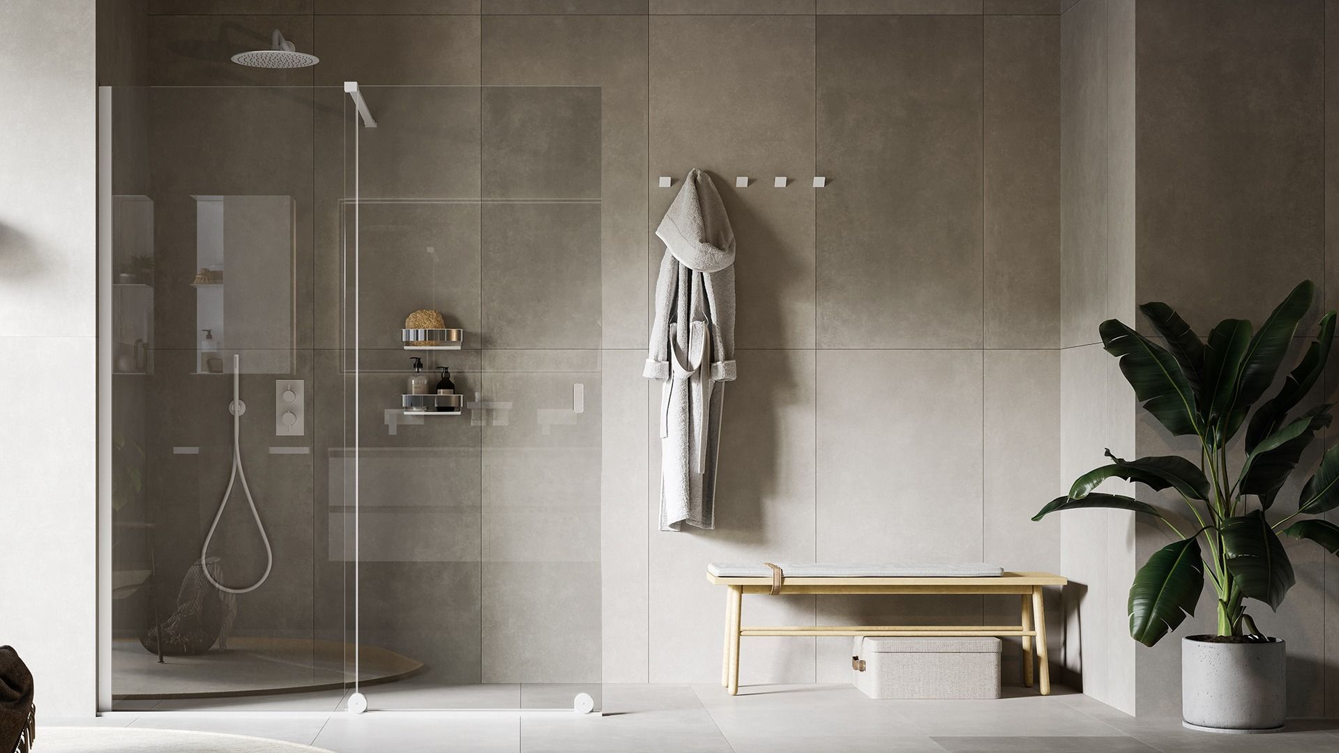 Bagno moderno con doccia in vetro, piastrelle neutre e panca in legno.