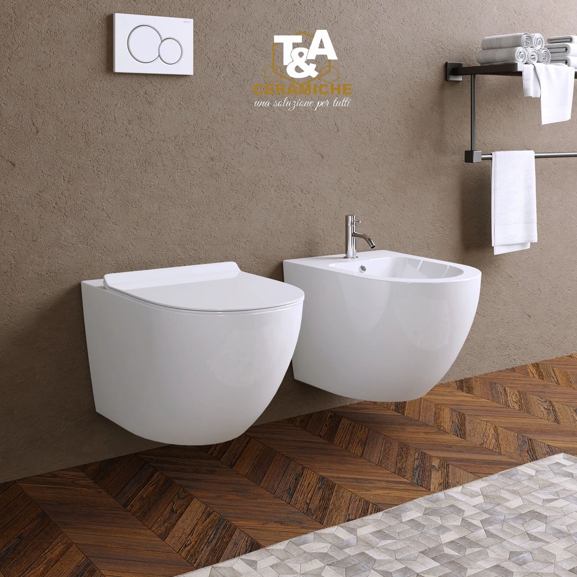 WC e bidet bianchi sospesi in un bagno con pavimento in legno e portasciugamani.