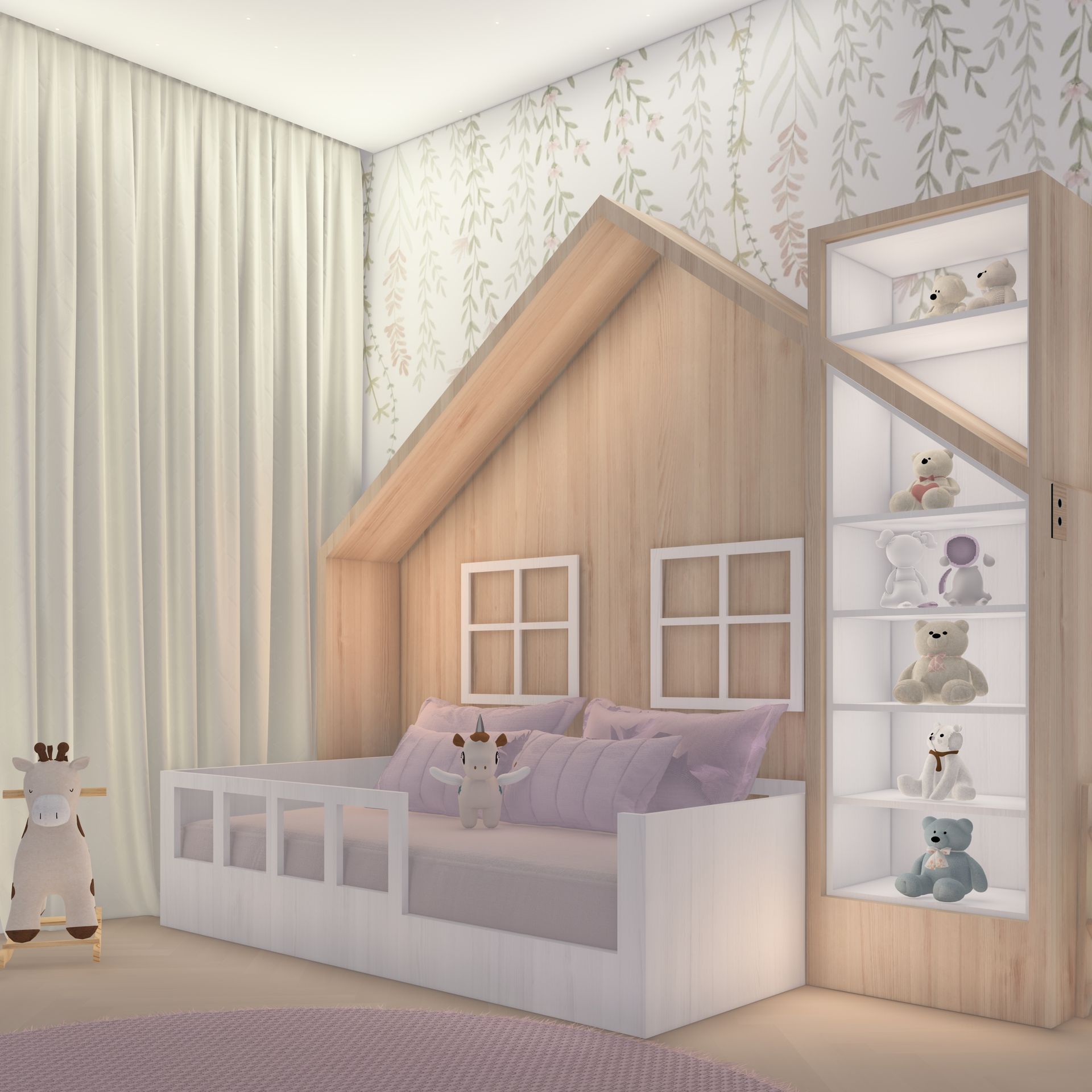 Um quarto infantil com estrutura de cama em formato de casa, ursinhos de pelúcia nas prateleiras e detalhes em madeira clara e tons pastel.