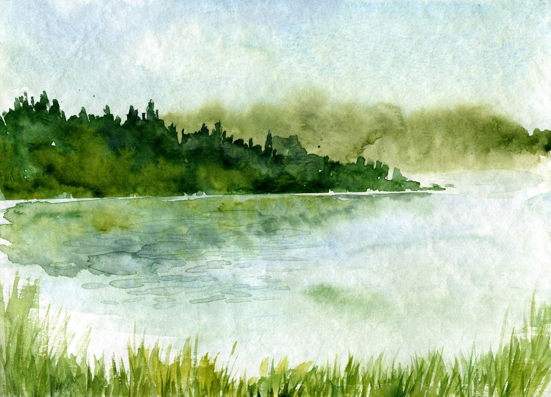 A watercolor painting of a lake with trees in the background