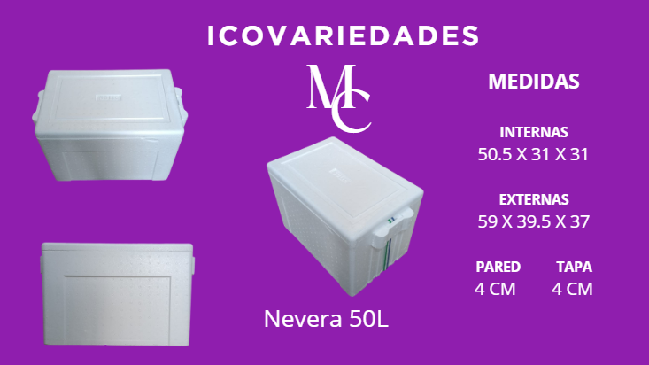 Anuncio de congelador de helados sobre fondo morado, congelador blanco y dimensiones indicadas en español.