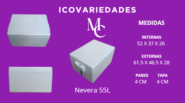 Infografía morada de una nevera 55L con medidas internas y externas en centímetros.