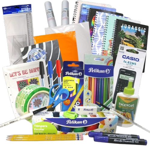 Artículos escolares variados que incluyen bolígrafos, lápices, tijeras
