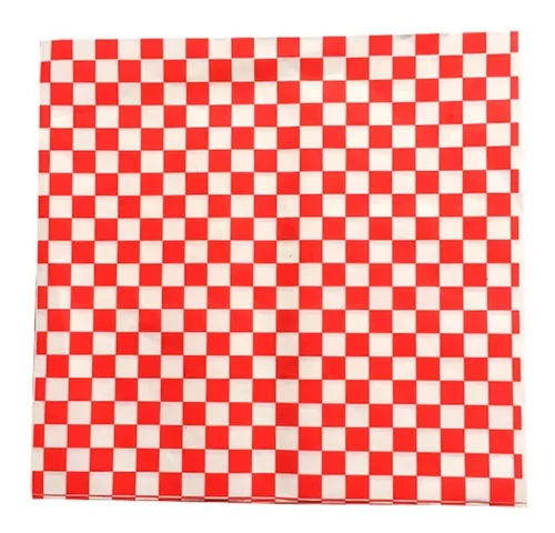 Tela o papel a cuadros rojos y blancos con borde superior festoneado.