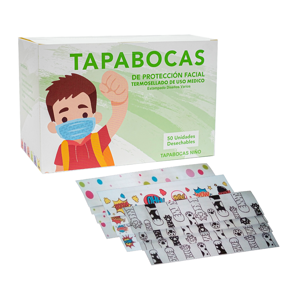 Caja colorida de tiras adhesivas para mascarillas con ilustraciones de dibujos 