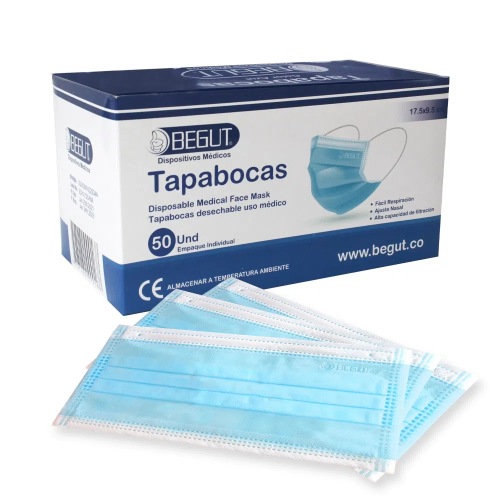 Caja de mascarillas desechables azules con varias mascarillas dispuestas en la parte delantera.