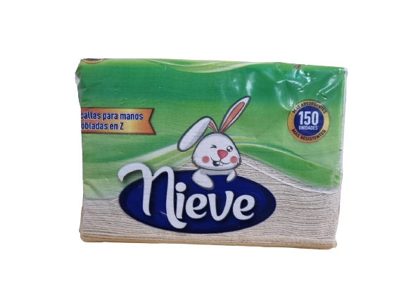 Paquete de pañuelos Nieve con tapa verde, base blanca, logo de conejito y etiqueta de 150 hojas.