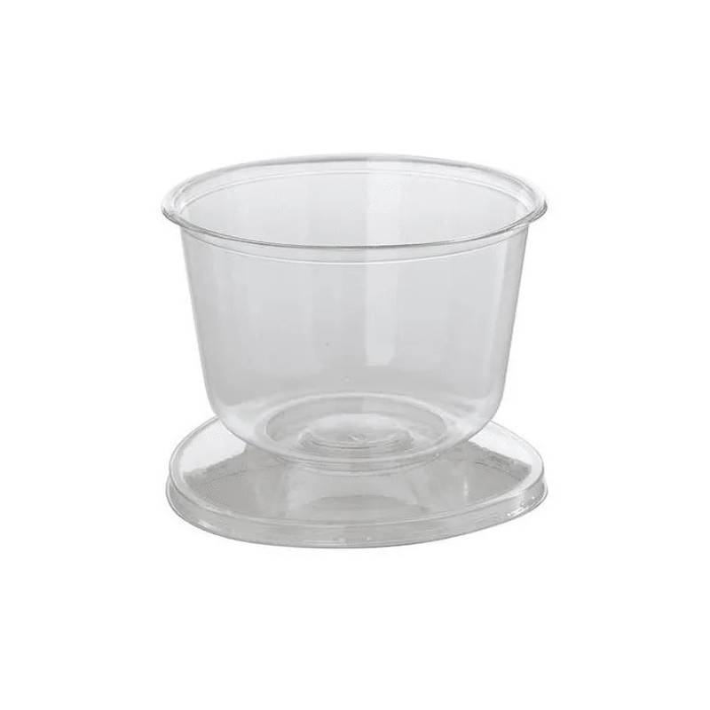 Envase desechable de plástico transparente para alimentos con base ancha y parte superior acampanada.