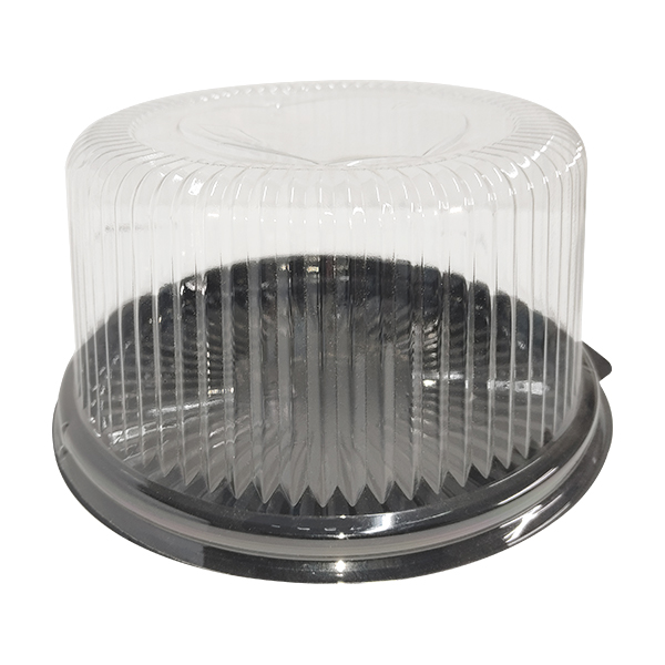 Cubierta de cúpula de plástico transparente acanalada con base oscura, aislada sobre fondo blanco.
