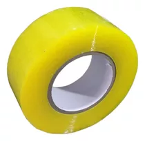 Rollo amarillo de cinta adhesiva con núcleo central transparente.