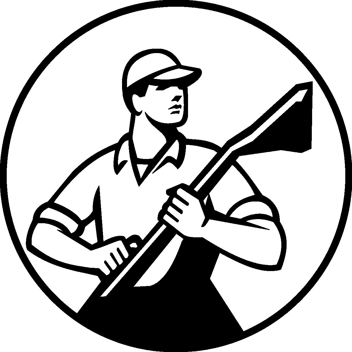 A black and white drawing of a man holding a shovel in a circle.