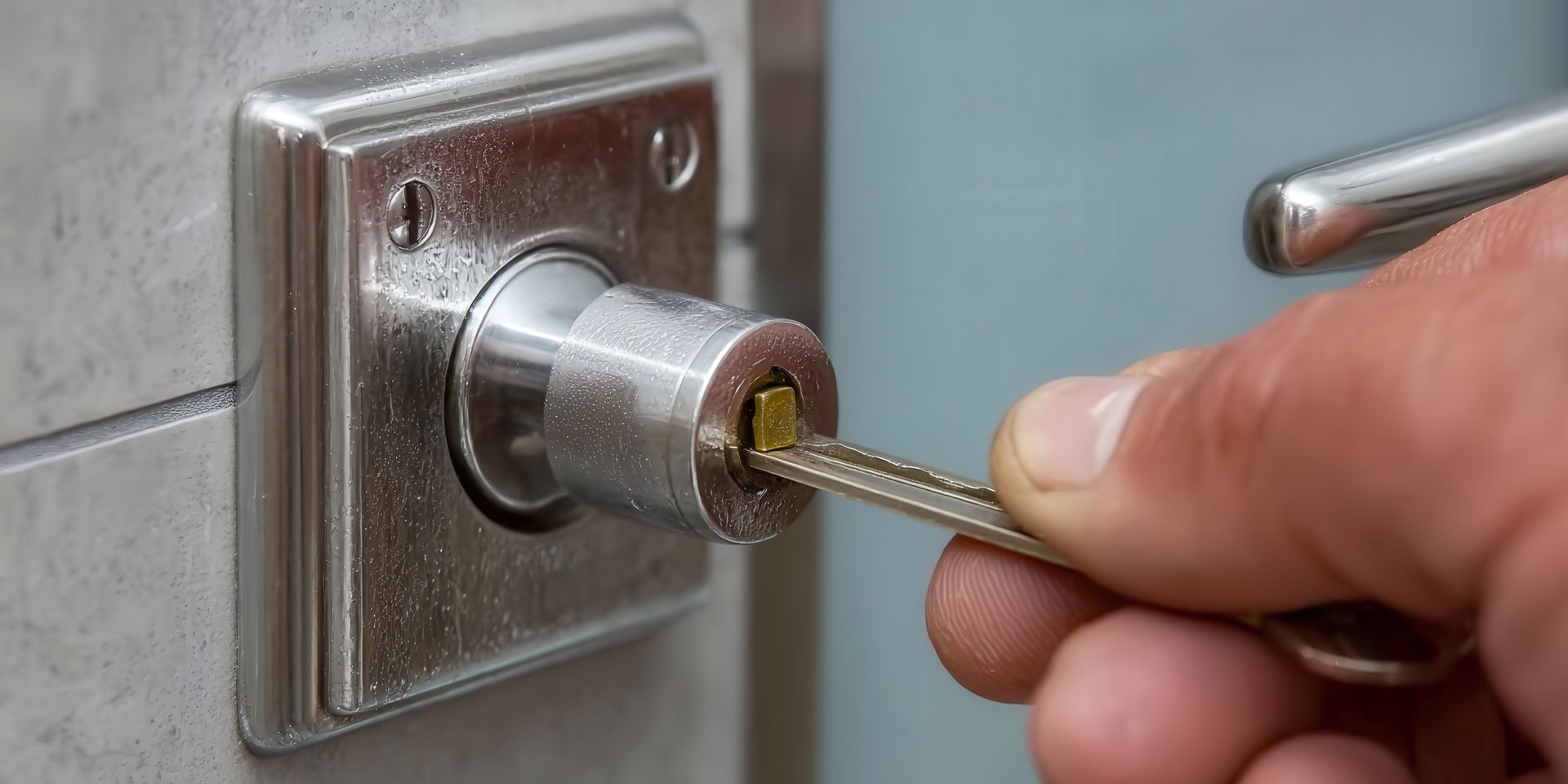 Hand inserting key into a silver door lock on a tiled surface.