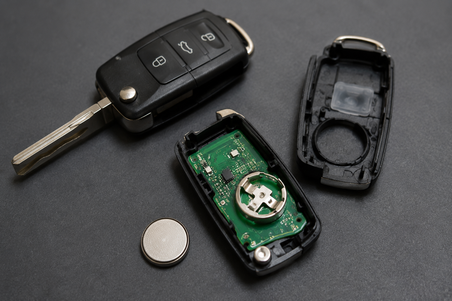 Disassembled car key fob with circuit board, battery, and black plastic shell on a dark surface