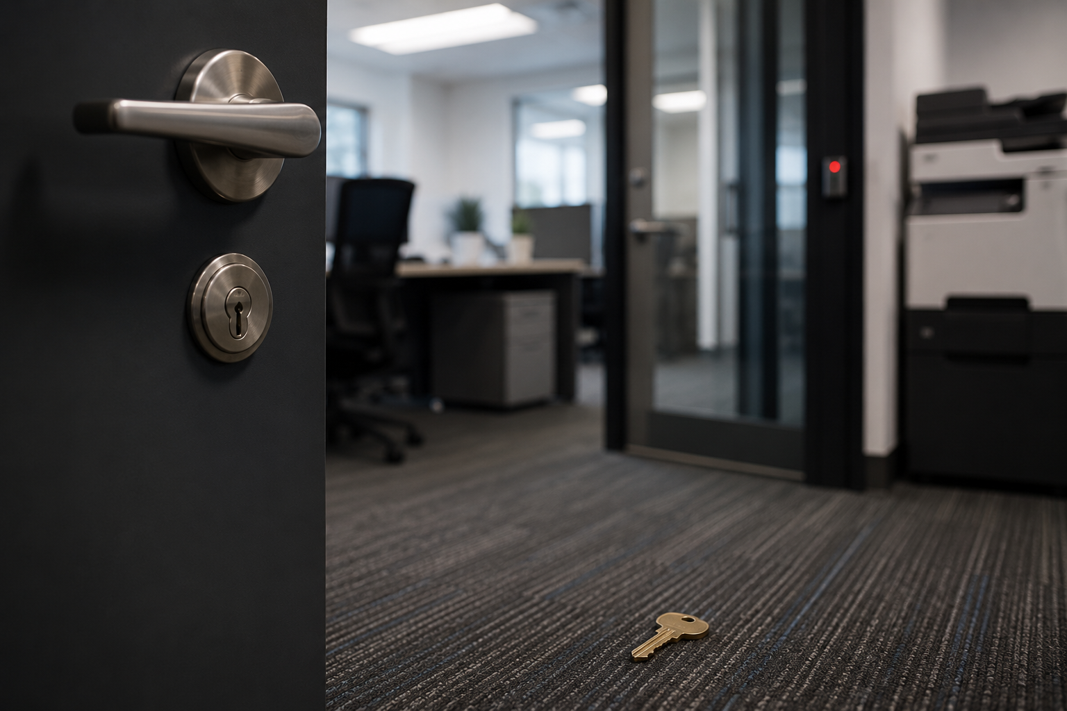 Office doorway with a key on the carpeted floor and a workspace visible in the background.