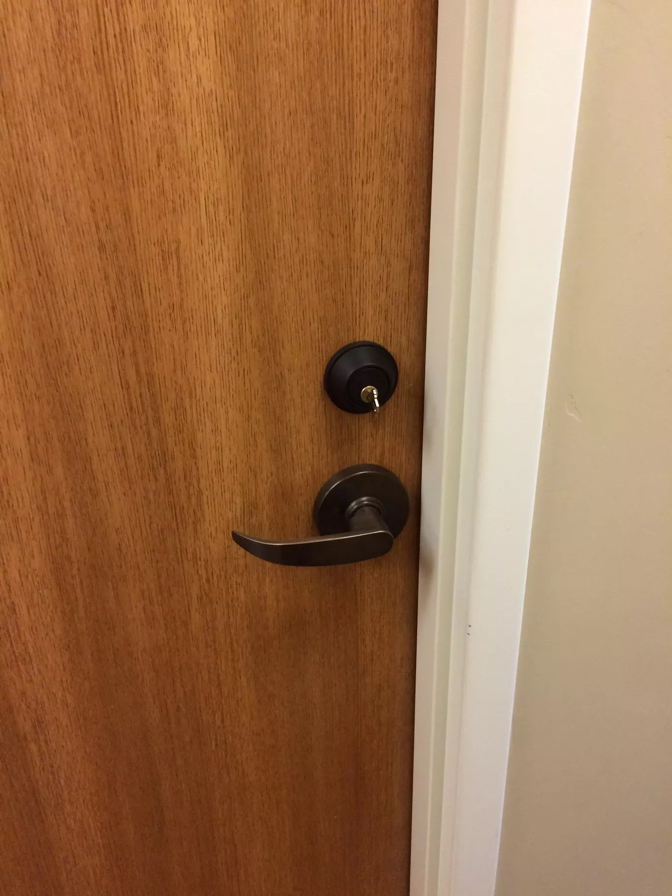 A close up of a wooden door with a black door handle.