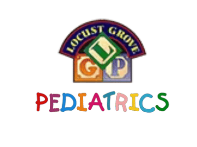Logo for Locust Grove Pediatrics featuring a colorful design with the name and a block letter design.