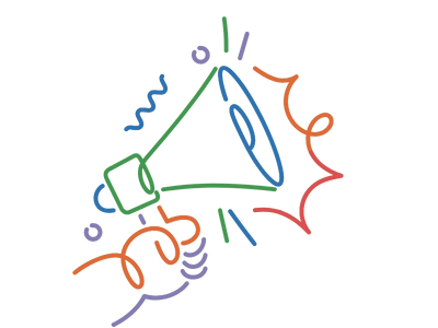 Hand holding a colorful megaphone, radiating sound waves.