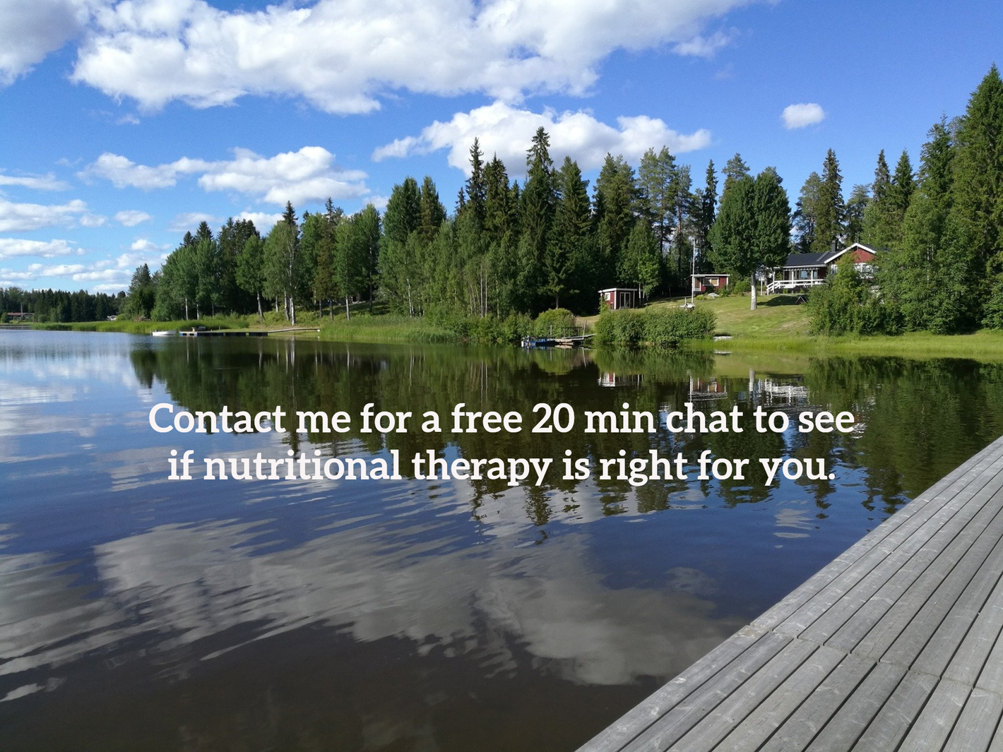 Lake and dock with trees and clouds, overlaid text: 