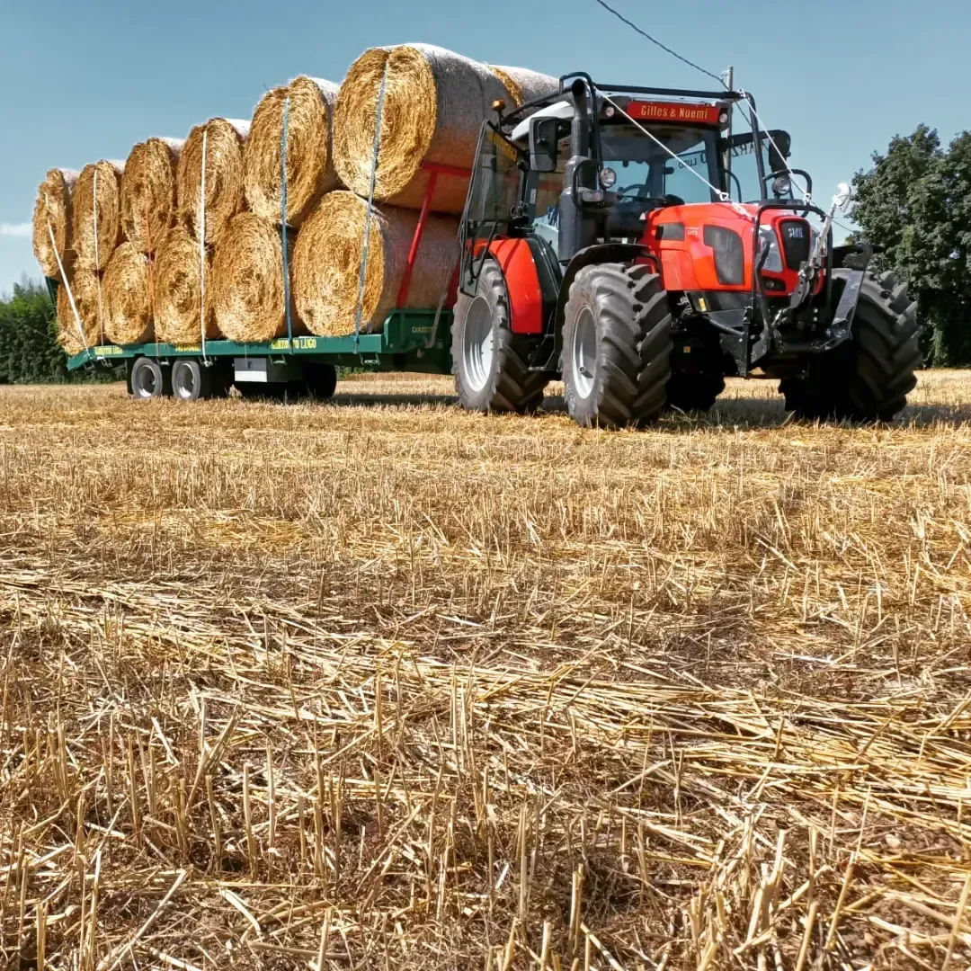 Trattore che traina un rimorchio carico di balle di fieno rotonde in un campo mietuto.