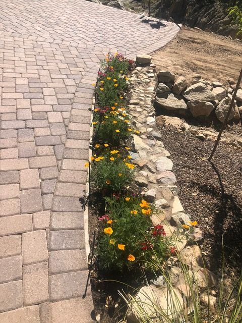 Paved walkway with flower bed border. Yellow and red flowers bloom along rocky bed, set against dirt and stone.