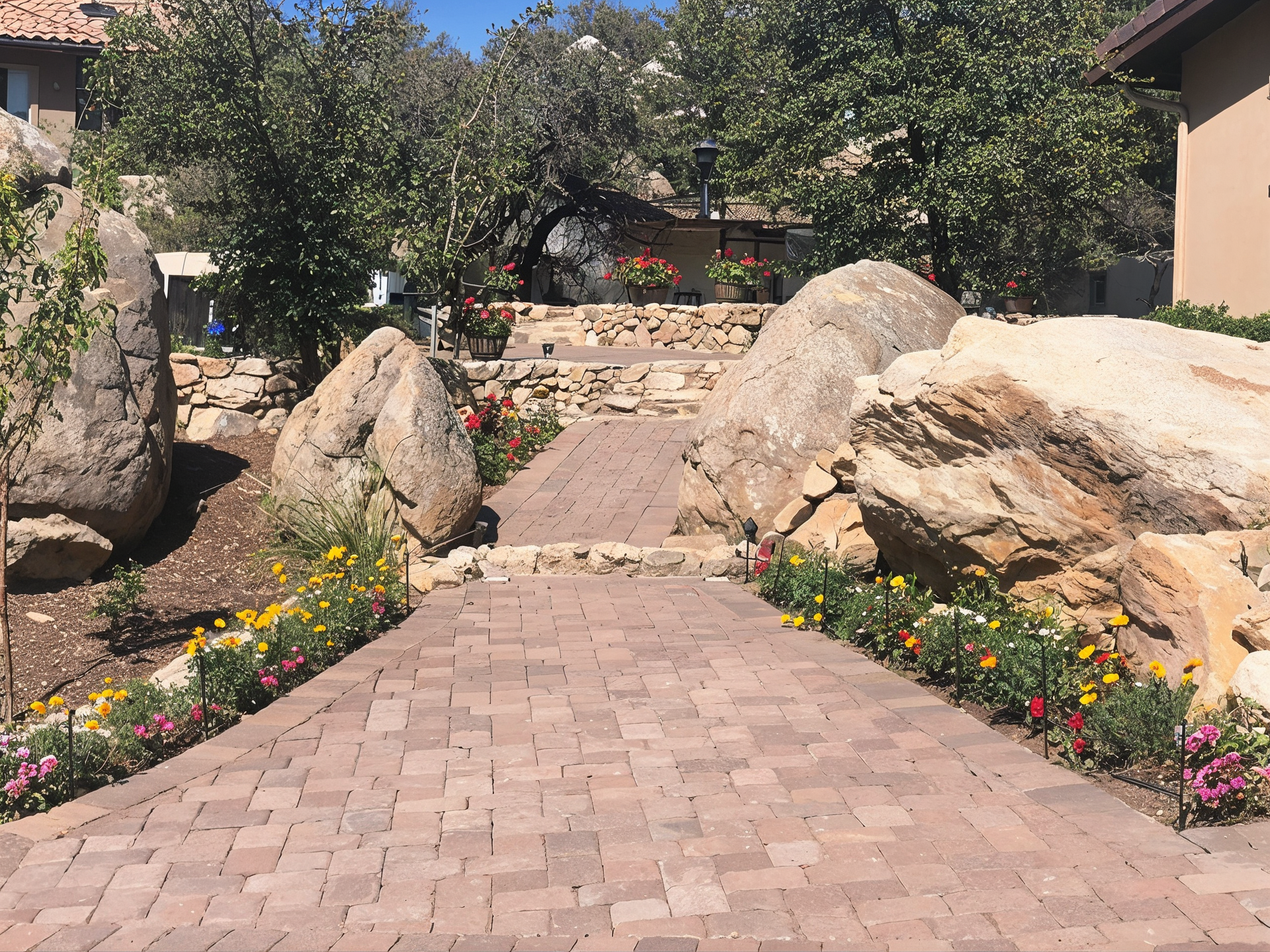 Brick pathway through a garden with large rocks, lined with colorful flowers, trees, and buildings in the background.