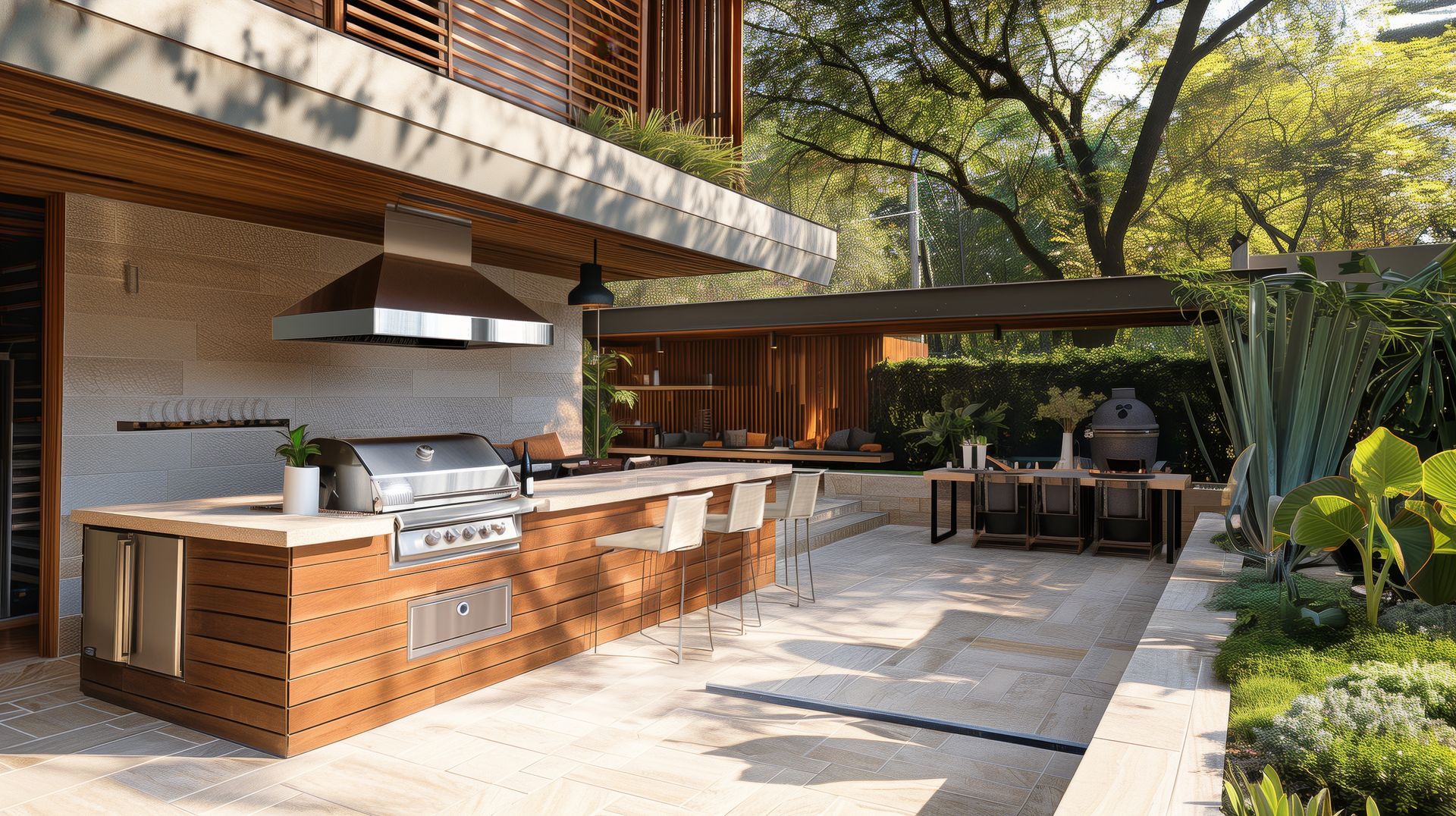 Outdoor kitchen with grill and seating area. Wooden cabinetry, stone patio, green plants and trees in the background.