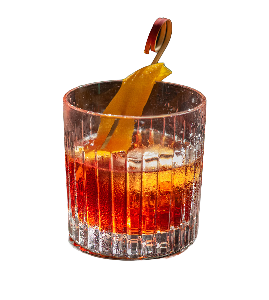 Old Fashioned cocktail in a rocks glass, garnished with an orange peel.